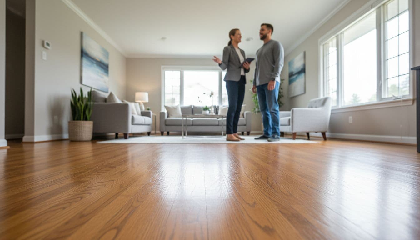 Realtor showing home with hardwood floors