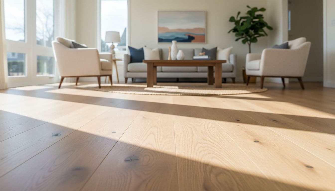 Staged living room with new hardwood floors