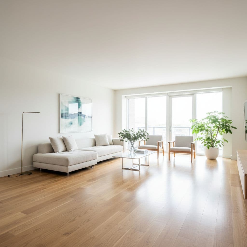 Sunlight streams through expansive windows, highlighting the grain of the polished light oak hardwood floors in an airy living space. High-end modern furniture sits cleanly atop the seamless, carpet-free wooden surface.