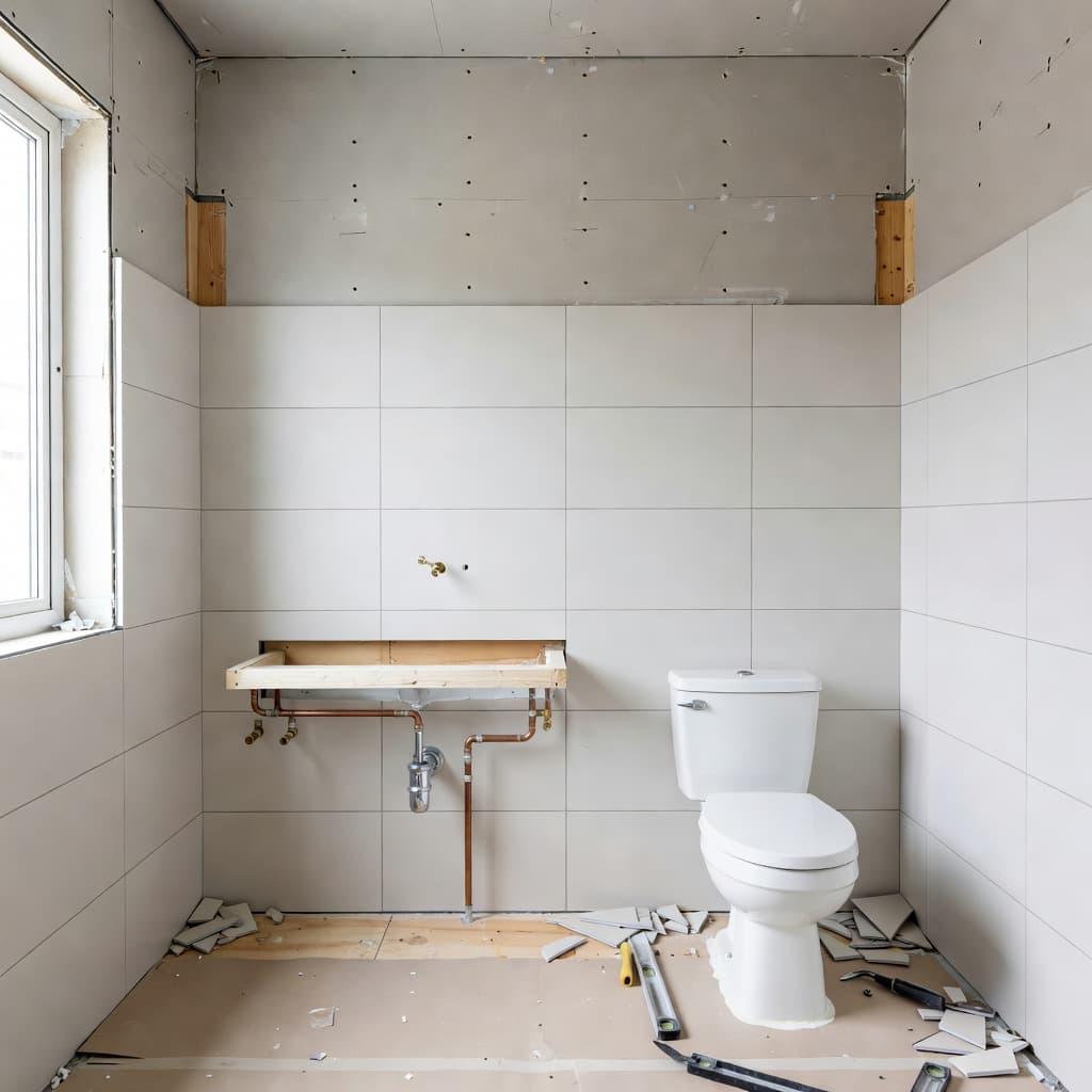 A partially tiled bathroom wall reveals exposed copper plumbing pipes under bright natural sunlight. Trowels and mortar buckets sit on the dusty floor, highlighting the mid-stage phase of this professional home upgrade.