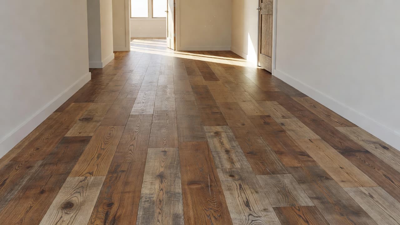Sunlight spills across high-quality distressed hardwood flooring planks within a clean residential corridor. The hallway features minimalist decor, a single closed door, and natural wood grain textures providing long-term wear resistance.
