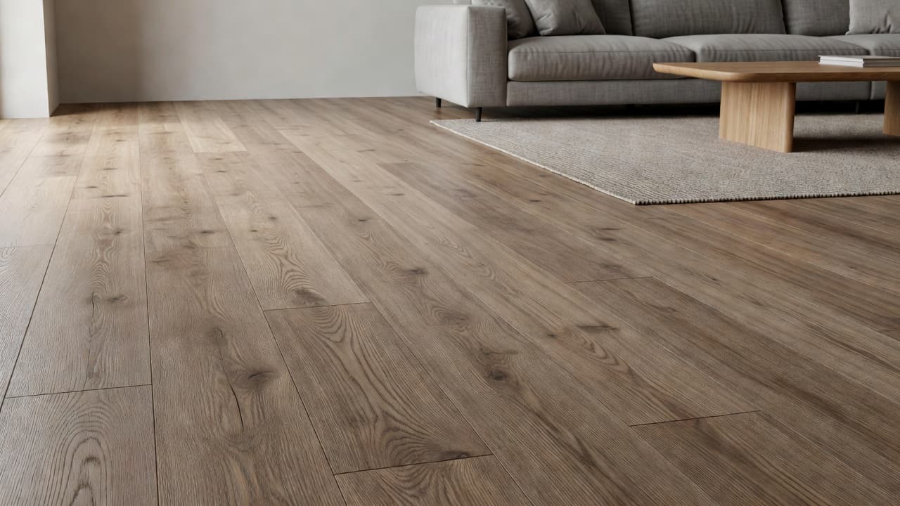 Close-up perspective of high-end wood grain vinyl planks installed in a bright, modern living room. The smooth neutral-toned surface reflects soft natural light coming from an unseen window nearby.