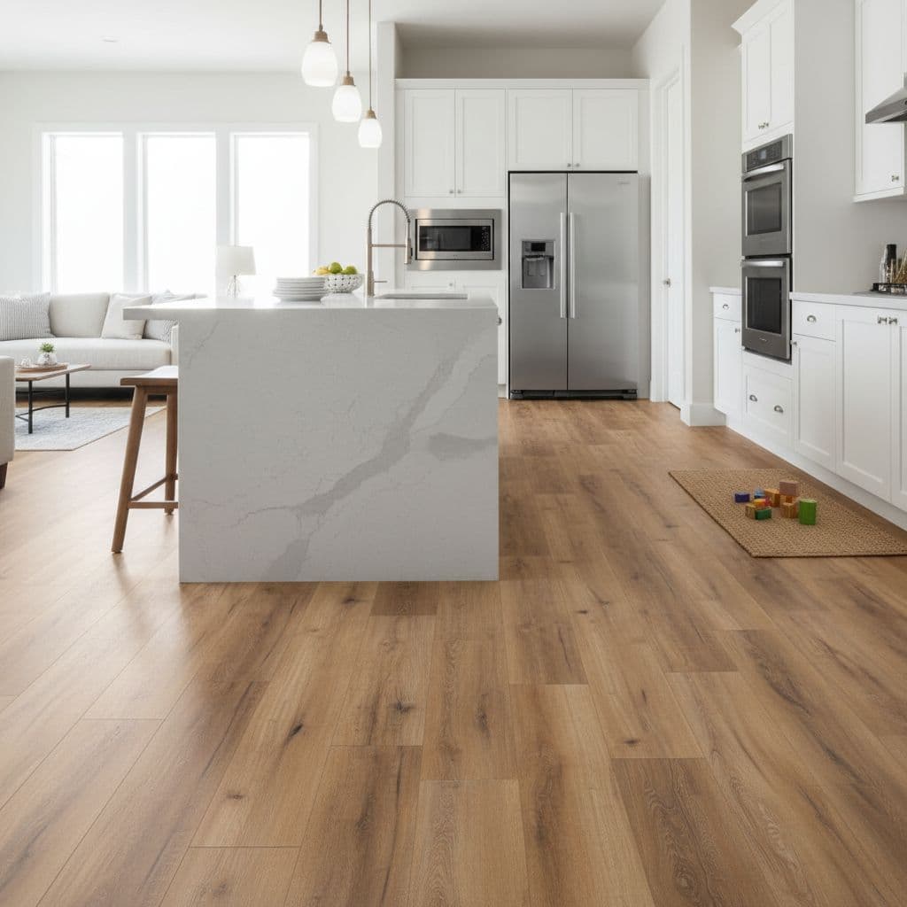 Luxury vinyl plank flooring covers the expansive floor of a sunlit kitchen. The open-concept area features polished stone countertops and sleek cabinetry, creating a resilient space perfect for active family life.