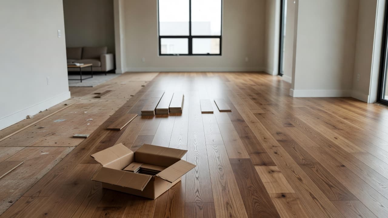 New oak planks are partially laid across the subfloor, creating a transition between finished sections and raw materials. Soft natural light highlights the wood grain texture in this renovation zone.