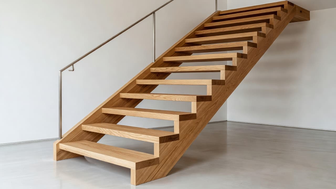A close-up view of elegant hardwood stairs features smooth grain textures and sturdy handrails. Soft ambient light illuminates the steps, emphasizing the minimalist architecture and precise craftsmanship within the home.