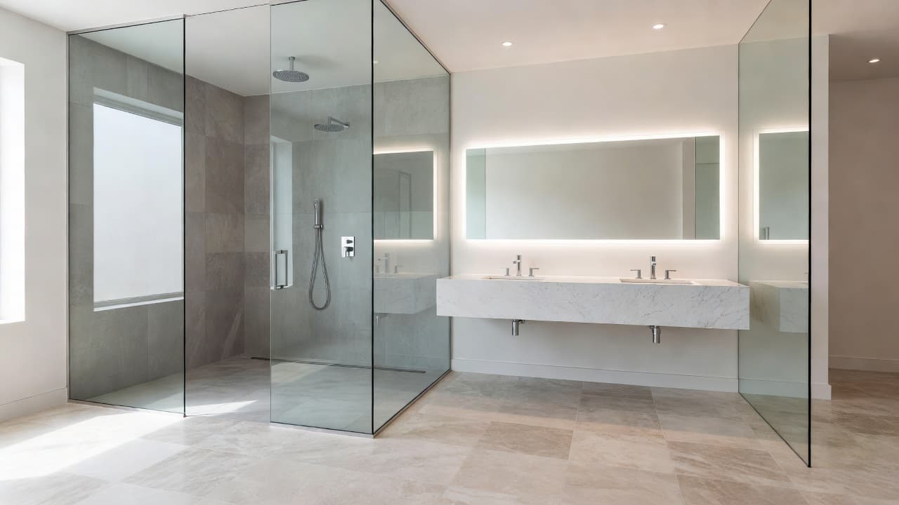 A spacious bathroom features a glass walk-in shower with crisp tile walls and a backlit mirror over a floating vanity. Soft ambient light highlights the polished fixtures and clean lines.