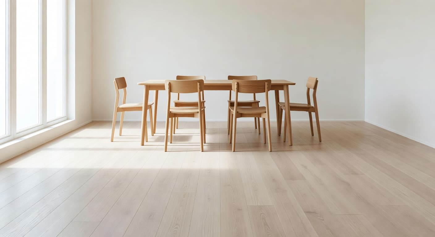 A spacious dining area features sleek light-colored luxury vinyl plank flooring beneath a sturdy wooden table and matching chairs. Bright natural sunlight streams through large windows, highlighting the clean minimalist decor.