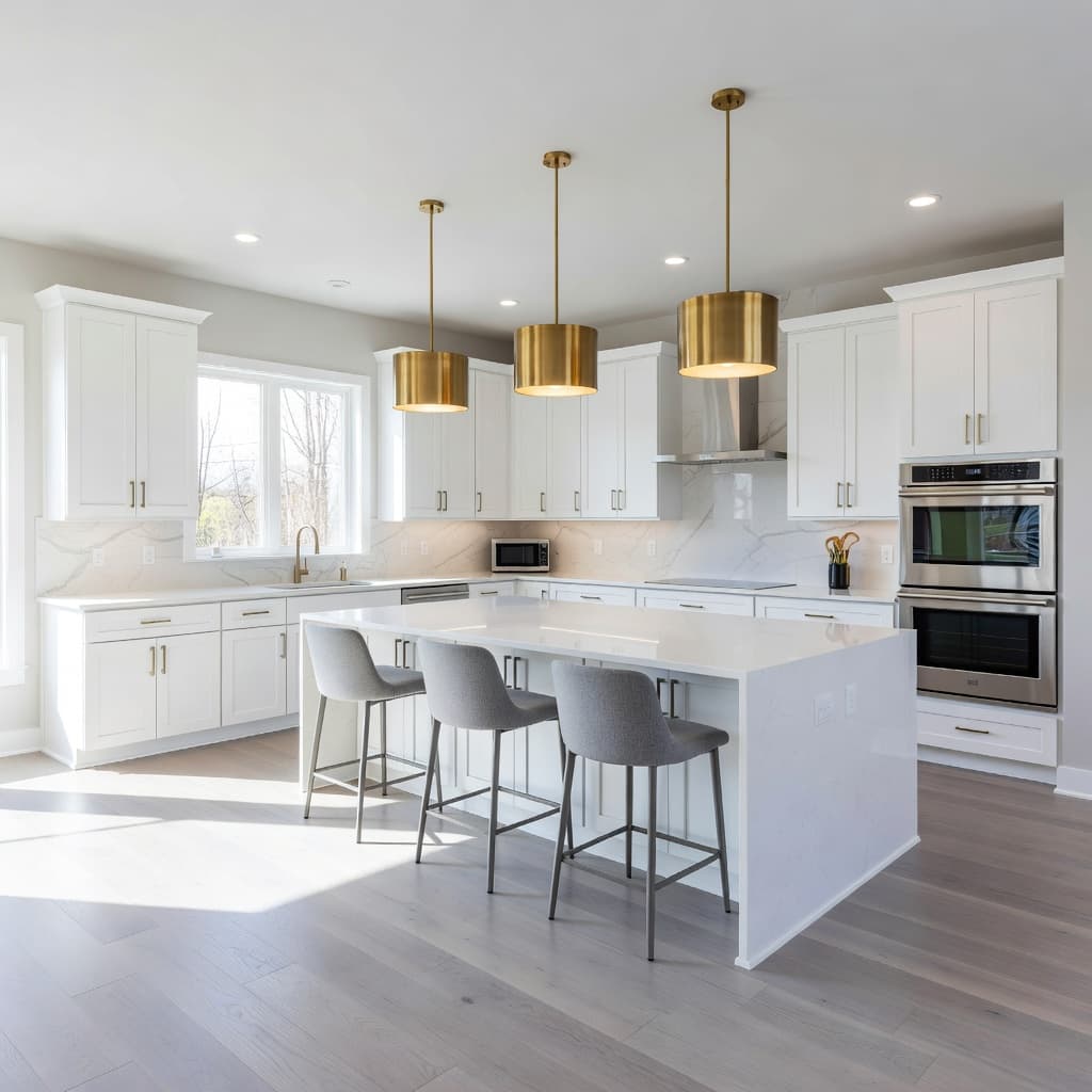 Crisp white shaker cabinets pair with polished quartz countertops across a sprawling kitchen island. Warm pendant lights hang above comfortable bar stools, creating an inviting space for family meals and gatherings.