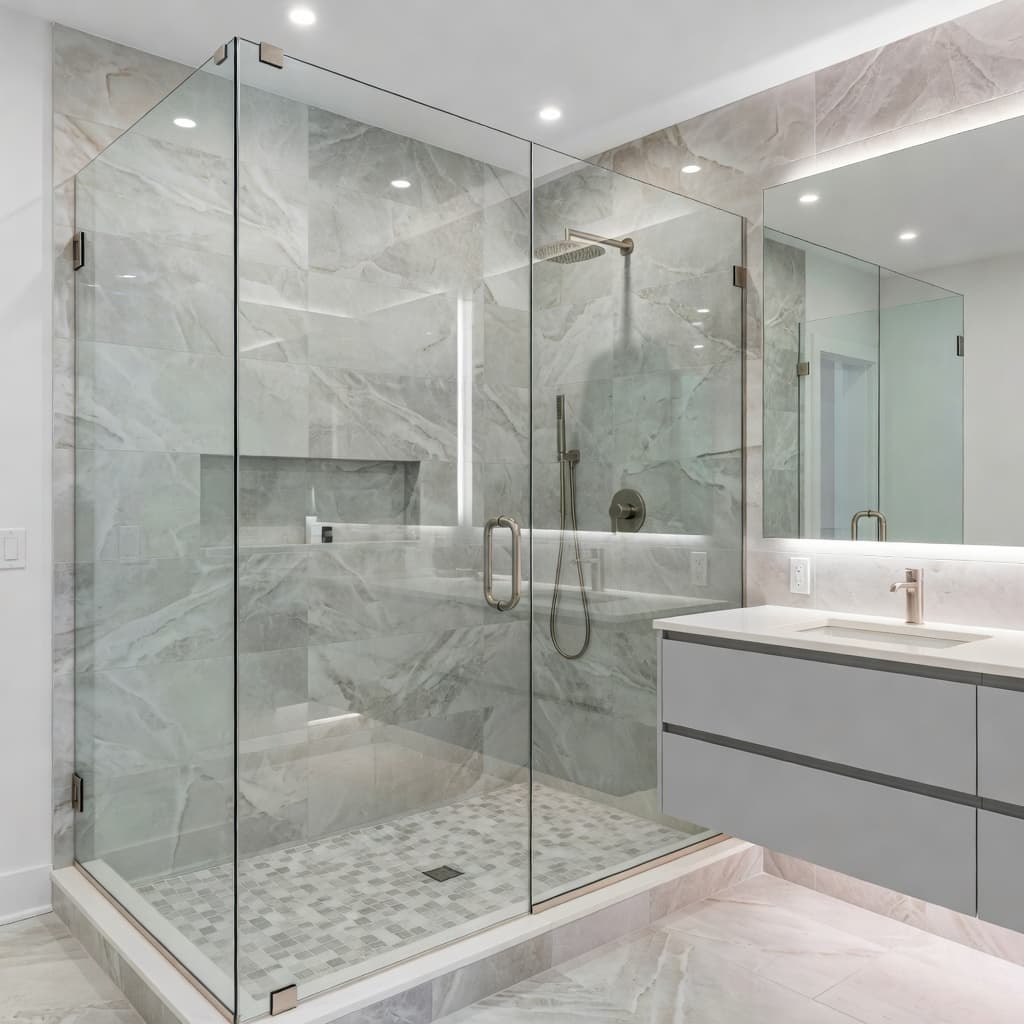 A spacious bathroom features a walk-in shower enclosed by frameless glass panels and elegant marble tiling. Brushed nickel hardware accents the clean surfaces within this bright, professional architectural space.