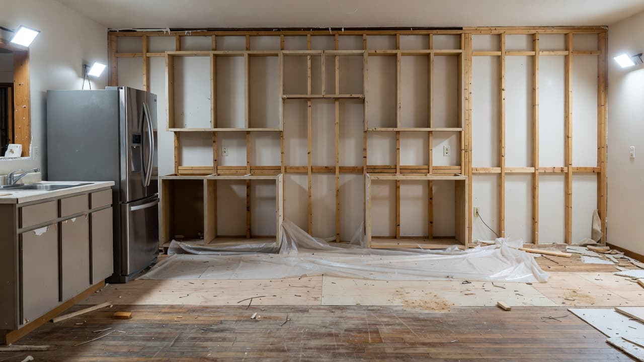 Exposed wooden wall studs and empty cabinet frames reveal the structural layout of a home kitchen renovation. Bright natural light illuminates the debris-free construction zone, highlighting the framing of the room.