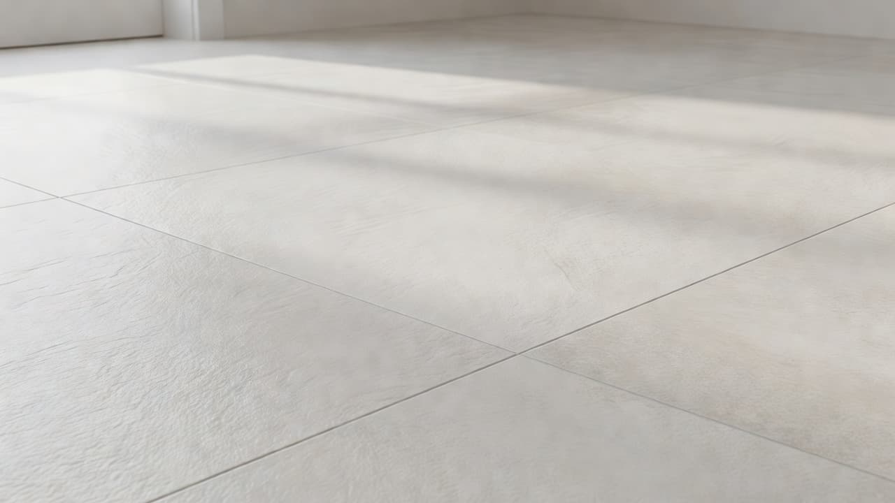 A close-up view captures light-colored porcelain floor tiles featuring a distinct matte texture. Gentle morning sunlight illuminates the subtle grain, highlighting the clean, slip-resistant surface of a contemporary bathroom floor design.