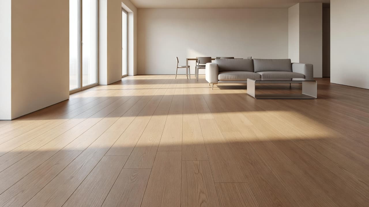 Bright sunlit living space featuring slip-resistant wood flooring and wide, unobstructed pathways. Low-profile minimalist furniture is arranged to ensure generous maneuverability throughout the airy, open-plan, hazard-free residential room design.