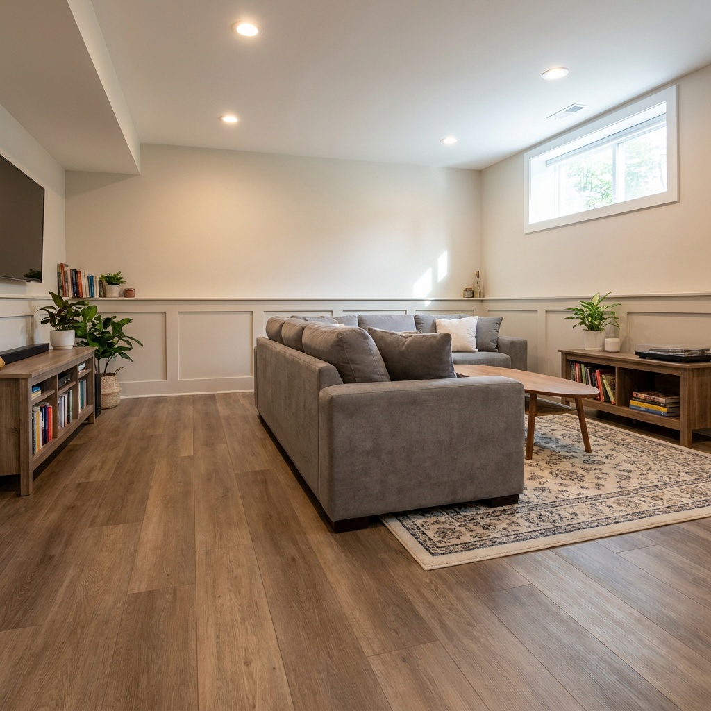 A finished cozy basement living space with warm luxury vinyl plank flooring, a sofa, an area rug and recessed lighting — Cumm