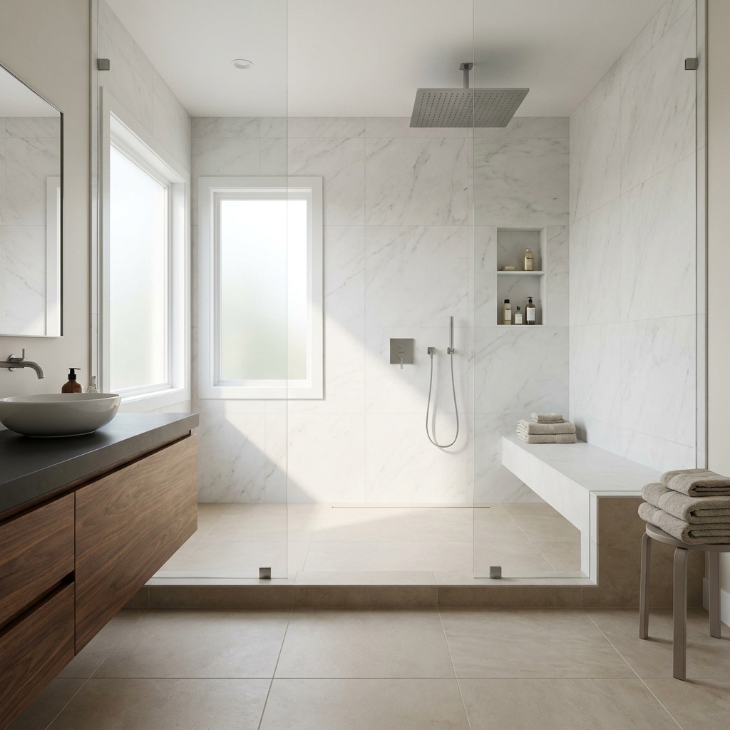 A finished elegant modern bathroom with a glass walk-in shower, marble tile walls, a rainfall showerhead, a control valve, a