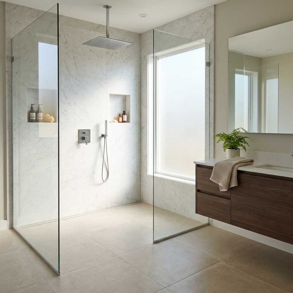 A finished elegant modern bathroom with a glass walk-in shower, marble tile walls, a rainfall showerhead, a control valve, a