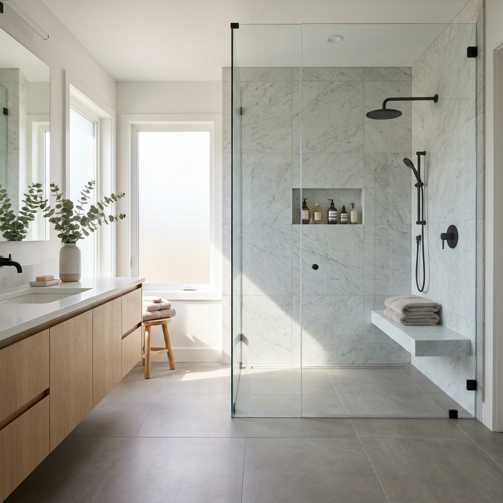 A finished elegant modern bathroom with a glass walk-in shower, marble tile walls, a rainfall showerhead, a control valve, a