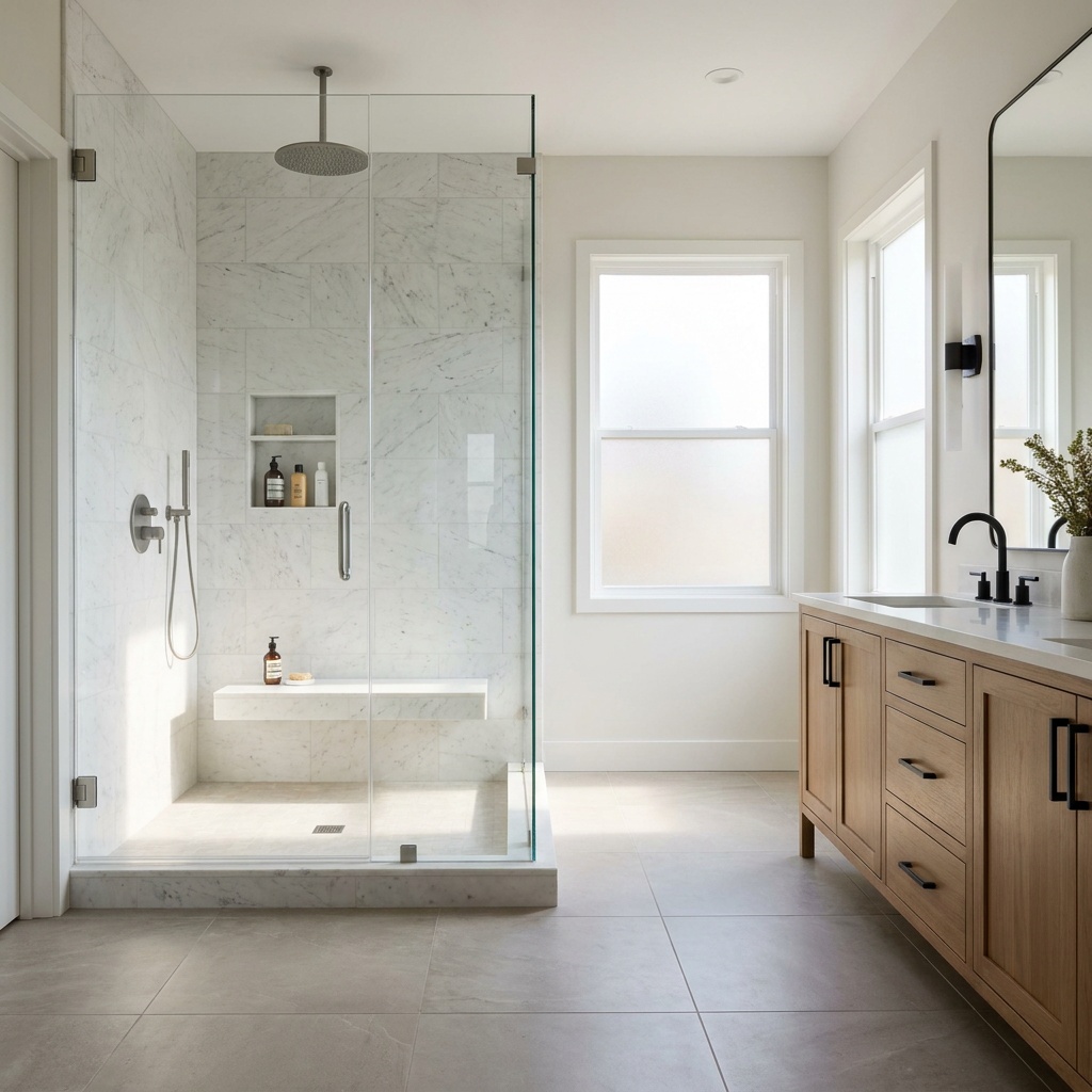 A finished elegant modern bathroom with a glass walk-in shower, marble tile walls, a rainfall showerhead, a control valve, a