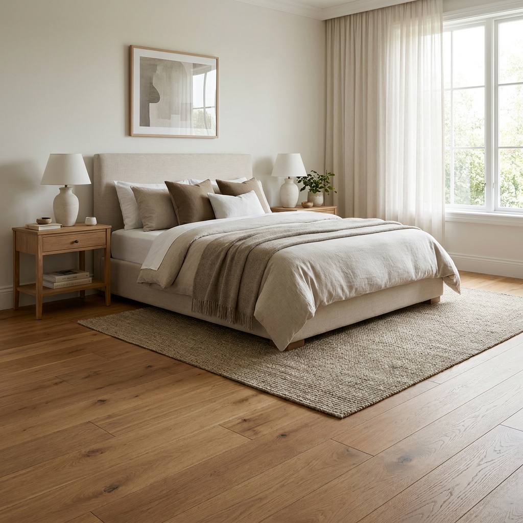A serene elegant bedroom with warm hardwood flooring, a made bed with linens, nightstands and soft natural light — Cumming, G