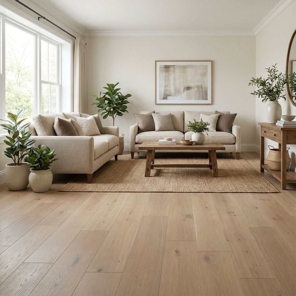An elegant furnished living room with beautiful wide-plank hardwood or luxury vinyl plank flooring in a warm natural tone, su