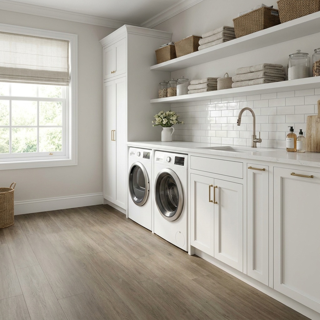 A finished tidy laundry room with durable wood-look luxury vinyl plank flooring, a washer and dryer, white cabinets, a foldin