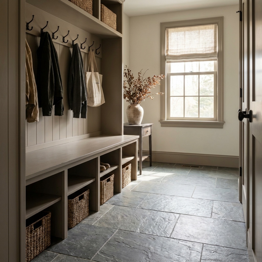 A finished mudroom with durable tile flooring, a built-in bench with cubbies and hooks, baskets, bright natural light — Cummi