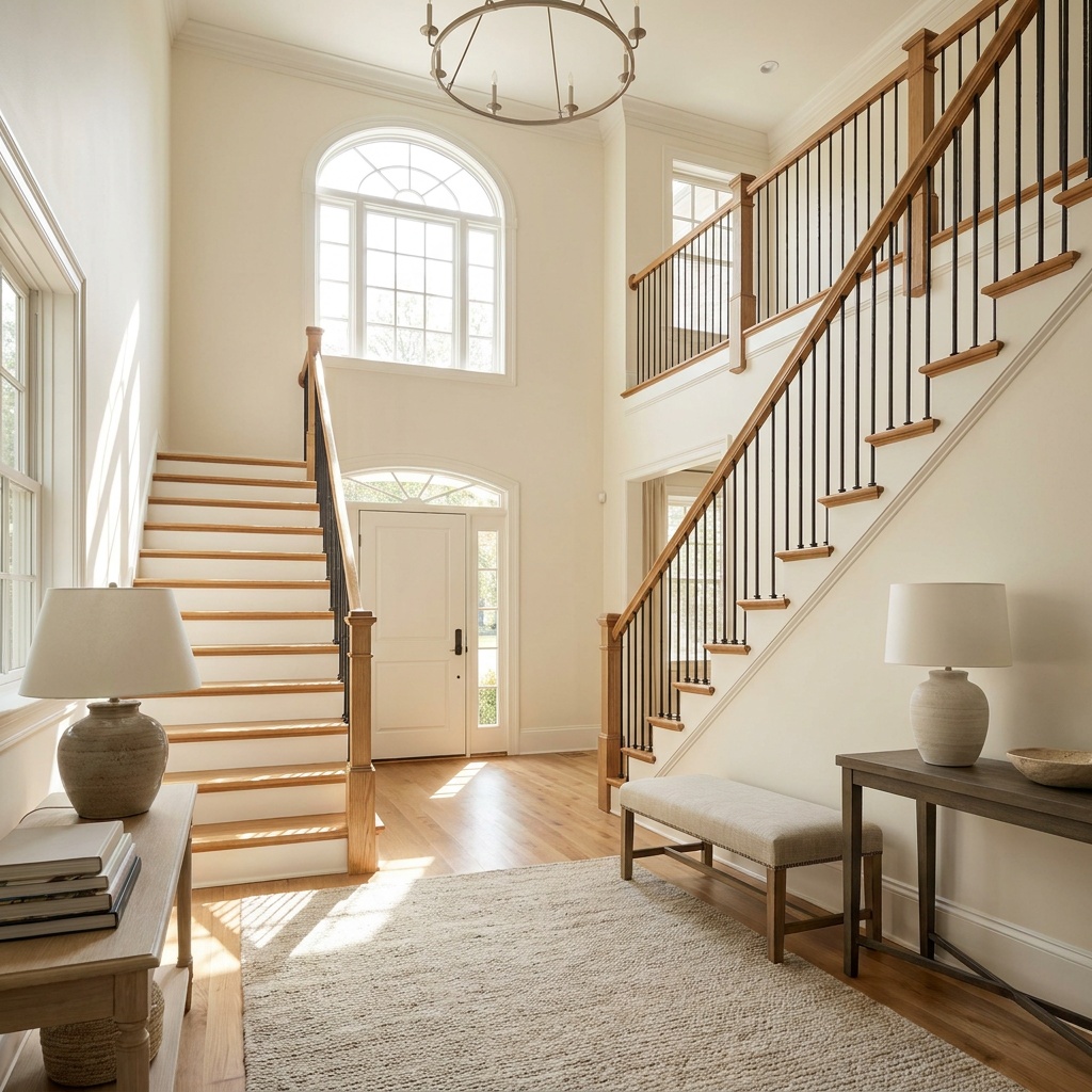 An elegant staircase with solid hardwood treads, crisp white risers and a wood handrail in a bright two-story foyer — Cumming
