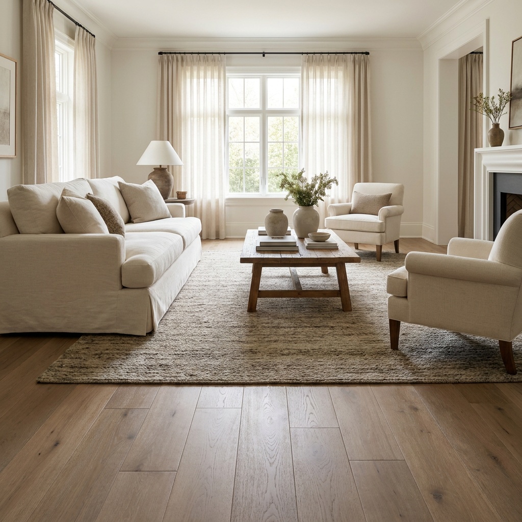 An elegant furnished living room with beautiful restored hardwood flooring in a warm natural tone, subtle matte grain, a sofa