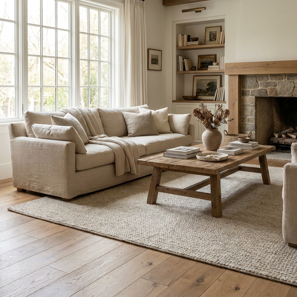 A cozy furnished living room with plush neutral carpet, a sofa, a coffee table and soft natural light — Cumming, GA
