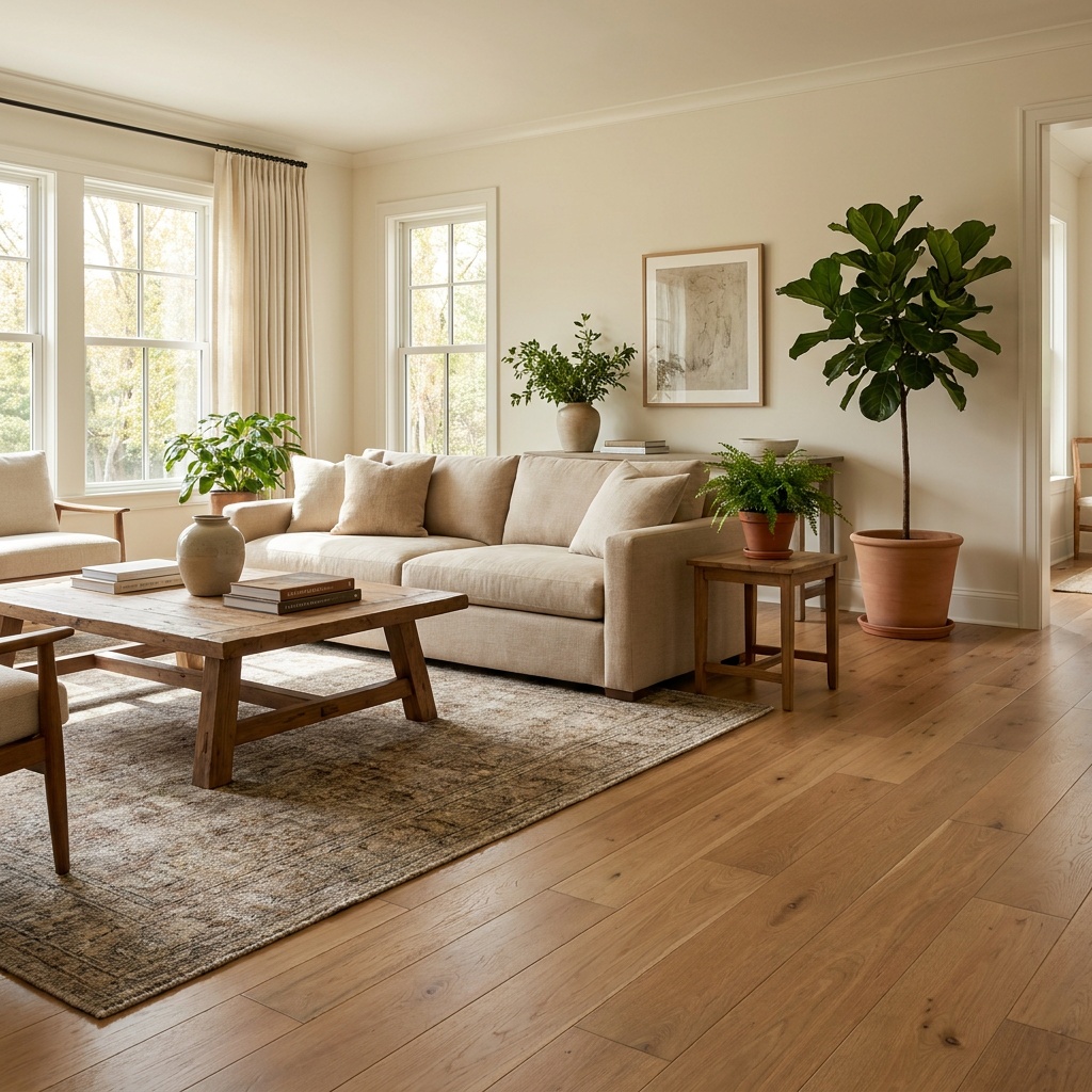 An elegant furnished living room with beautiful wide-plank hardwood or luxury vinyl plank flooring in a warm natural tone, su