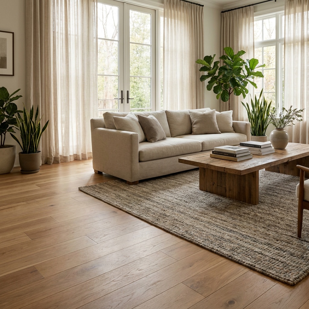 An elegant furnished living room with beautiful wide-plank hardwood or luxury vinyl plank flooring in a warm natural tone, su