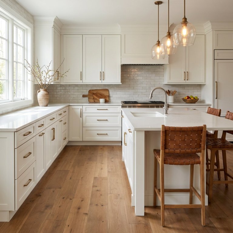 A finished remodeled kitchen with shaker cabinets, a quartz island, a tile backsplash, pendant lights and a warm hardwood flo