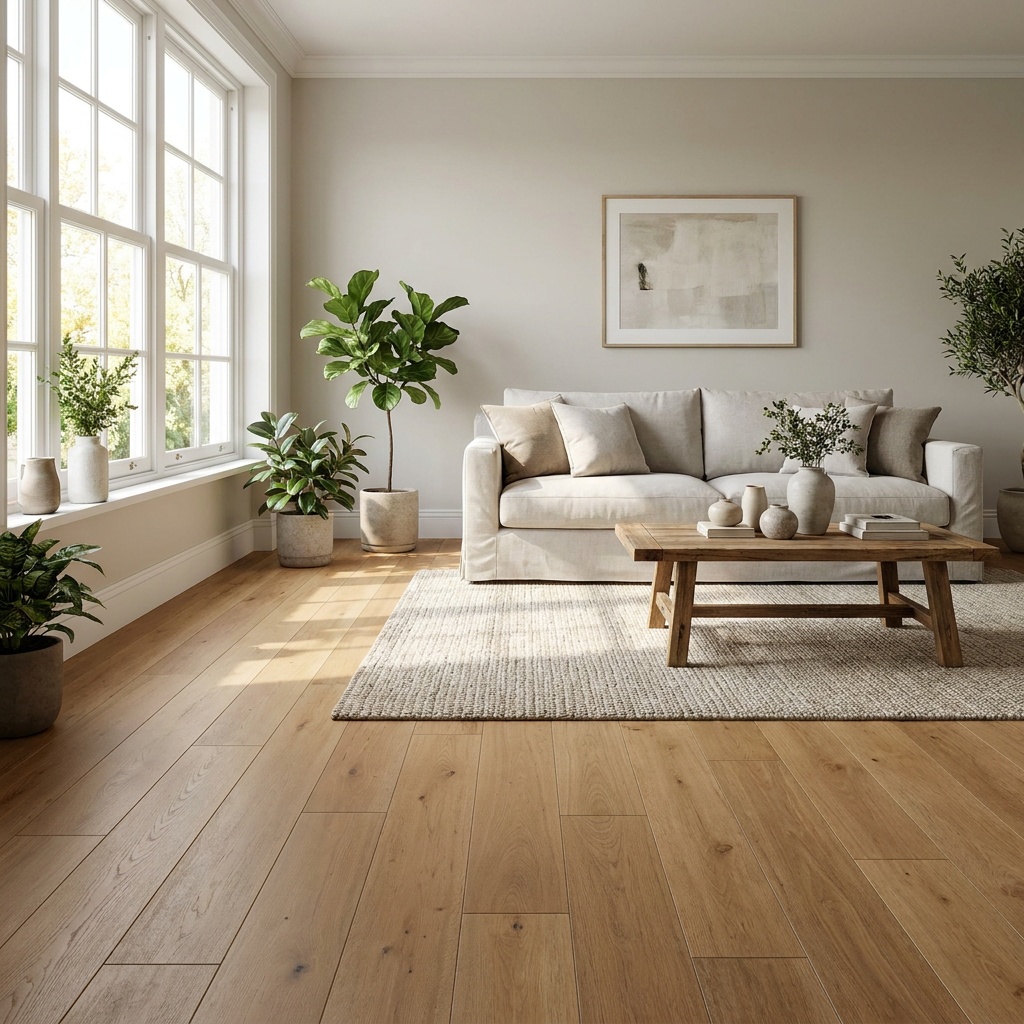 An elegant furnished living room with beautiful wide-plank hardwood or luxury vinyl plank flooring in a warm natural tone, su