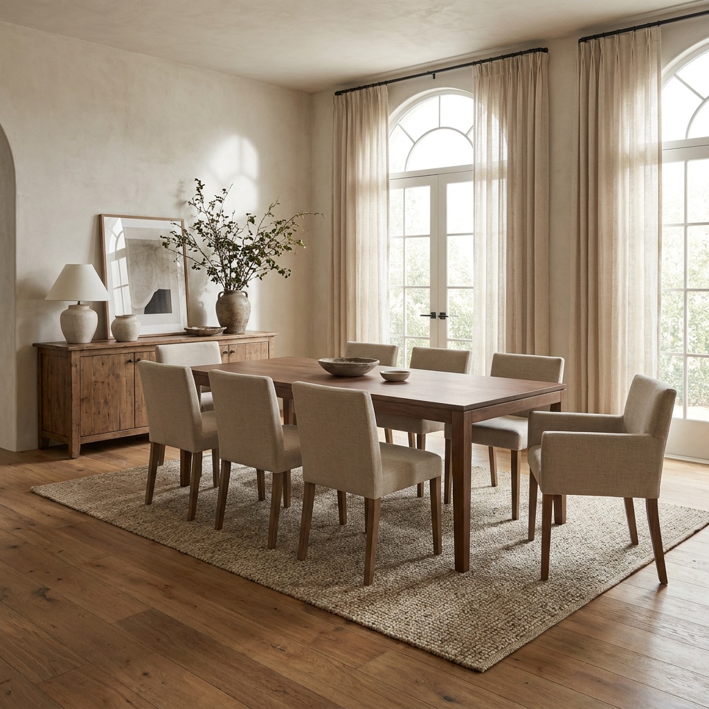 An elegant dining room with warm hardwood flooring, a wood dining table and upholstered chairs, an area rug, natural light —