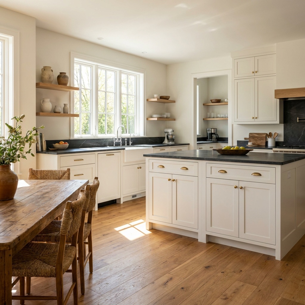 A bright kitchen with warm hardwood flooring, white shaker cabinets and a stone countertop, natural light — Cumming, GA