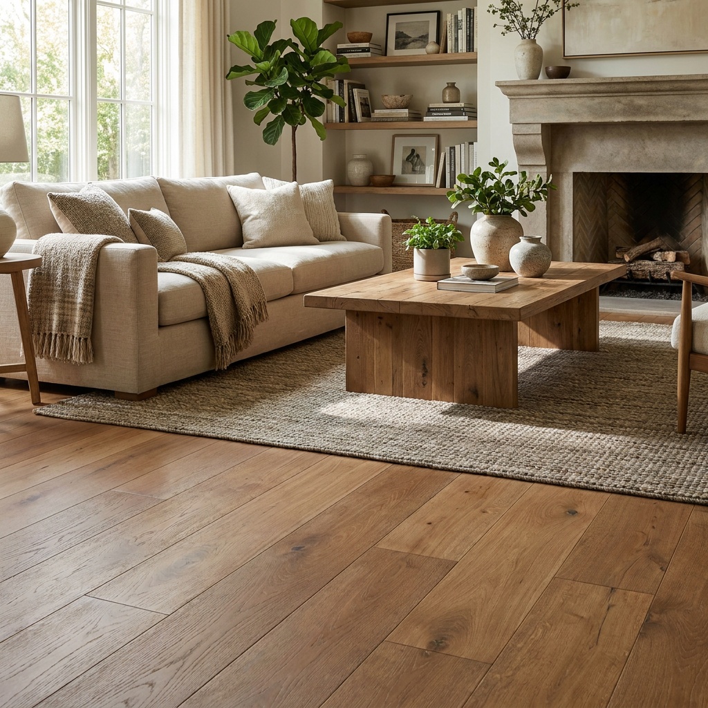 An elegant furnished living room with beautiful wide-plank hardwood or luxury vinyl plank flooring in a warm natural tone, su
