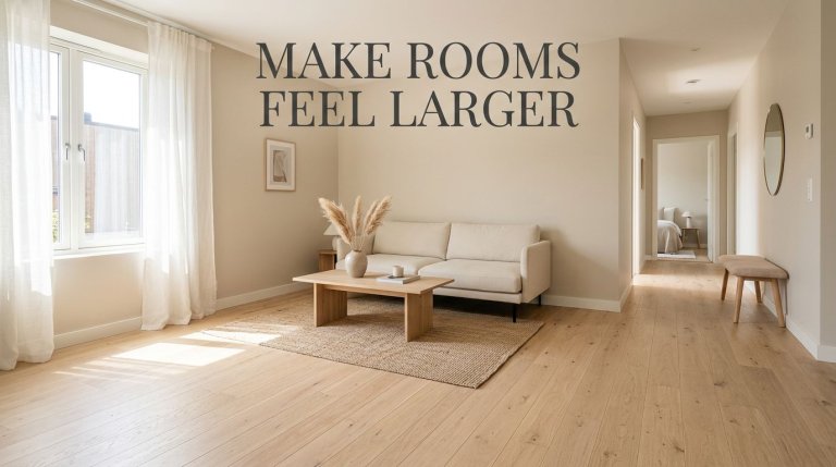 Light oak wood flooring in a bright, minimalist living room with beige walls.