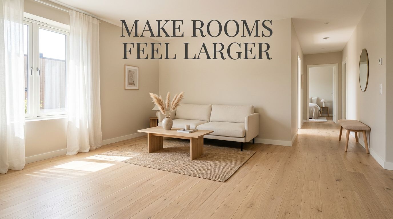 Light oak wood flooring in a bright, minimalist living room with beige walls.