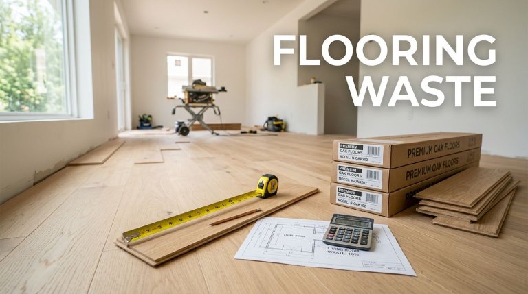 Flooring boxes, measuring tape, and a calculator lie on the floor for a renovation project.