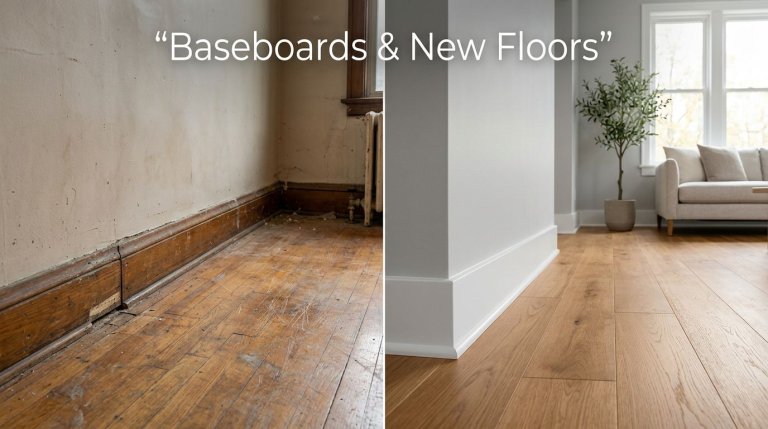Split view comparing worn old flooring and fresh new floors with white baseboards.