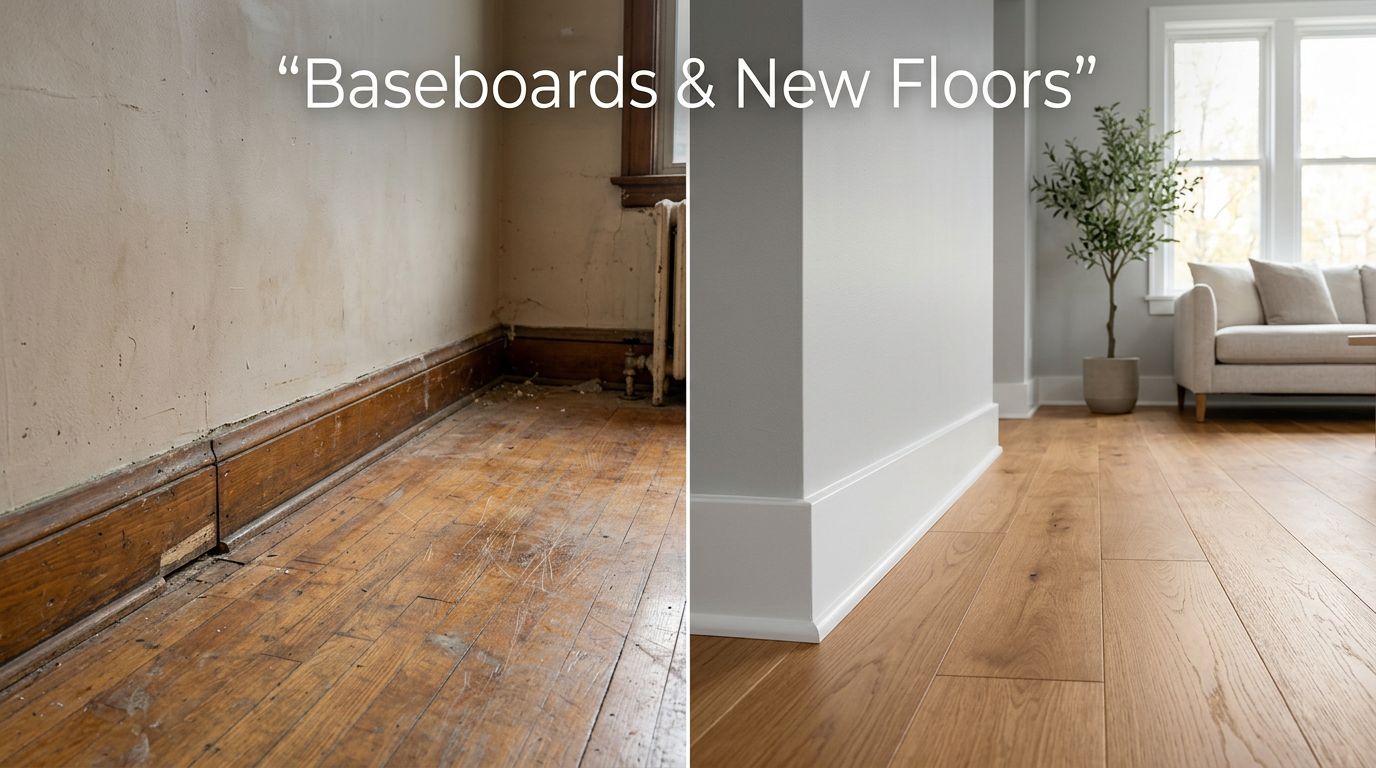 Split view comparing worn old flooring and fresh new floors with white baseboards.