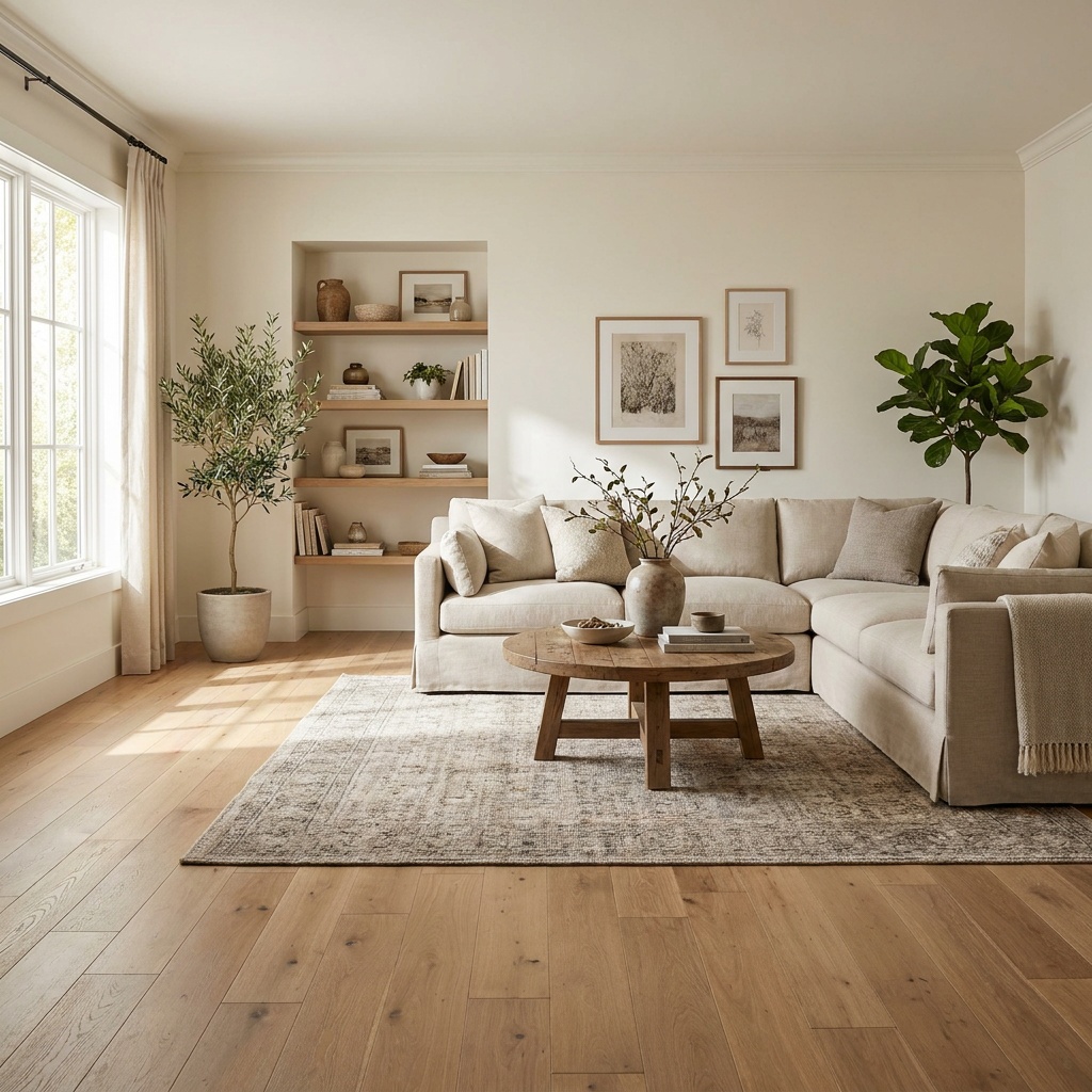 An elegant furnished living room with beautiful wide-plank hardwood or luxury vinyl plank flooring in a warm natural tone, su