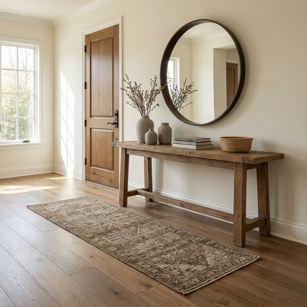 An inviting home foyer with warm hardwood flooring, a console table, a mirror and a runner rug, bright natural light — Cummin