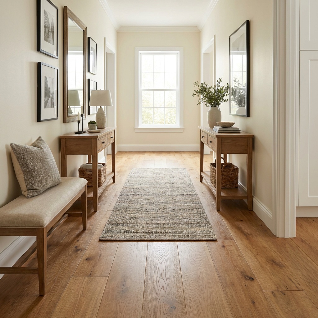A bright home hallway with warm wide-plank hardwood flooring, a runner rug and framed art on the walls — Cumming, GA
