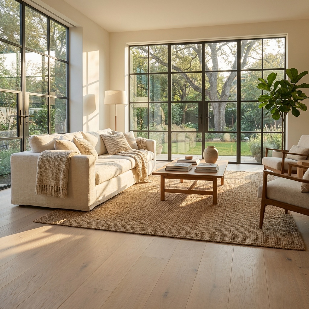 A sunlit, fully furnished living room with flat, matte-finished wide-plank hardwood floors, subtle natural wood grain, a neut