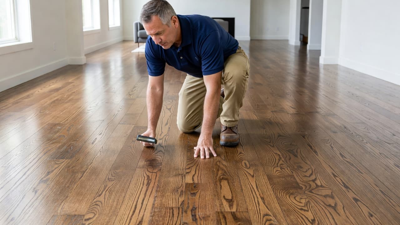 A technician wearing professional workwear kneels on polished hardwood planks, using a magnifying glass to examine the wood grain and finish. Soft natural light highlights the rich texture of the floor.