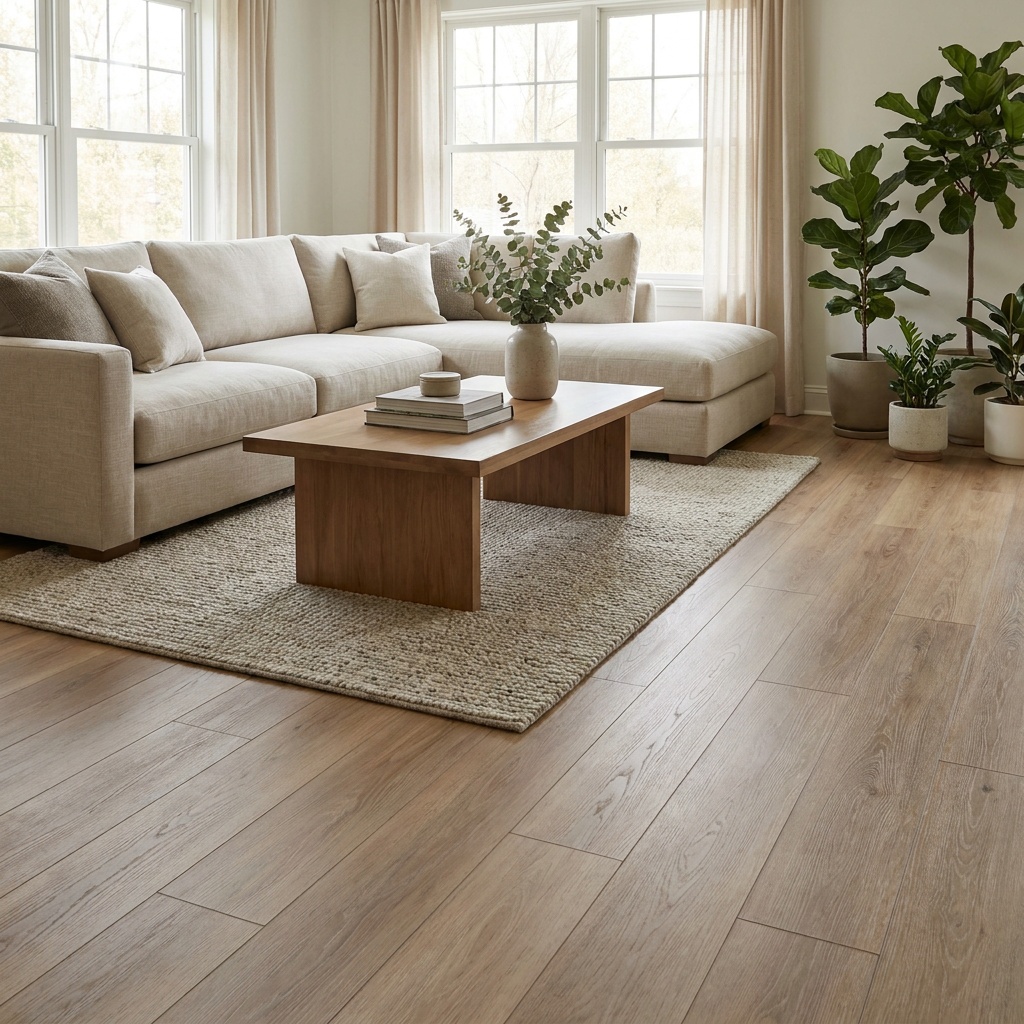 An elegant furnished living room with beautiful wide-plank hardwood or luxury vinyl plank flooring in a warm natural tone, su