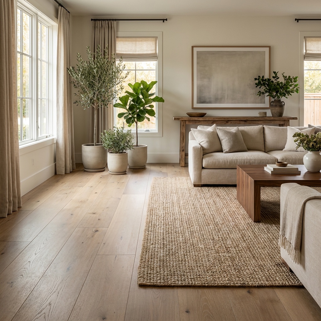 An elegant furnished living room with beautiful wide-plank hardwood or luxury vinyl plank flooring in a warm natural tone, su
