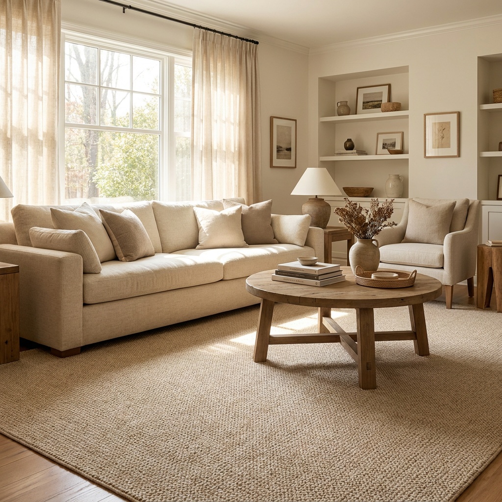 A cozy furnished living room with plush neutral carpet, a sofa, a coffee table and soft natural light — Cumming, GA