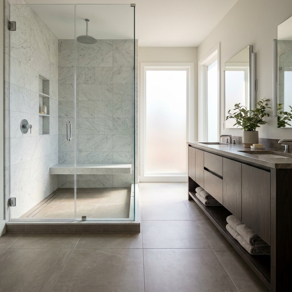 A finished elegant modern bathroom with a glass walk-in shower, marble tile walls, a rainfall showerhead, a control valve, a