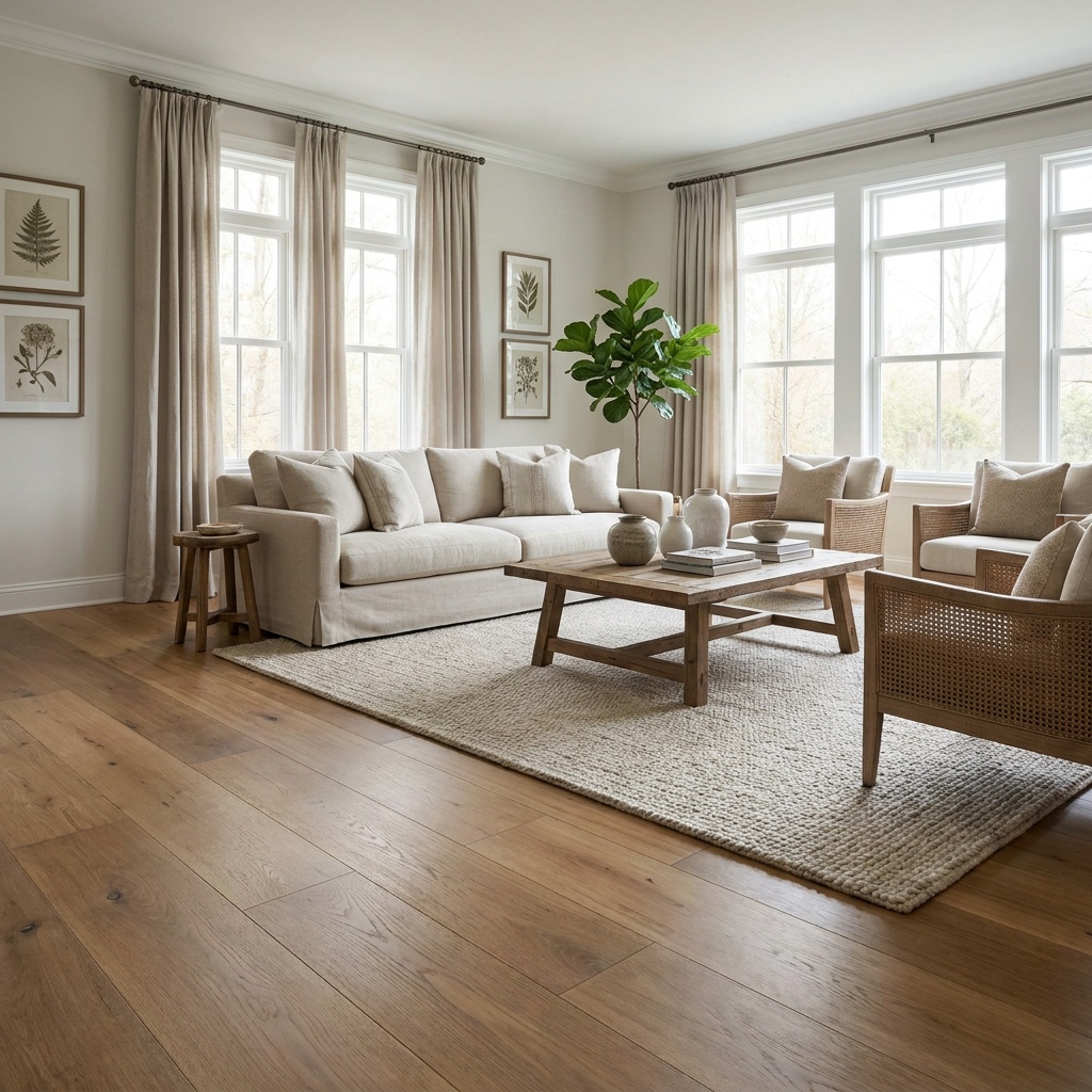 An elegant furnished living room with beautiful wide-plank hardwood or luxury vinyl plank flooring in a warm natural tone, su